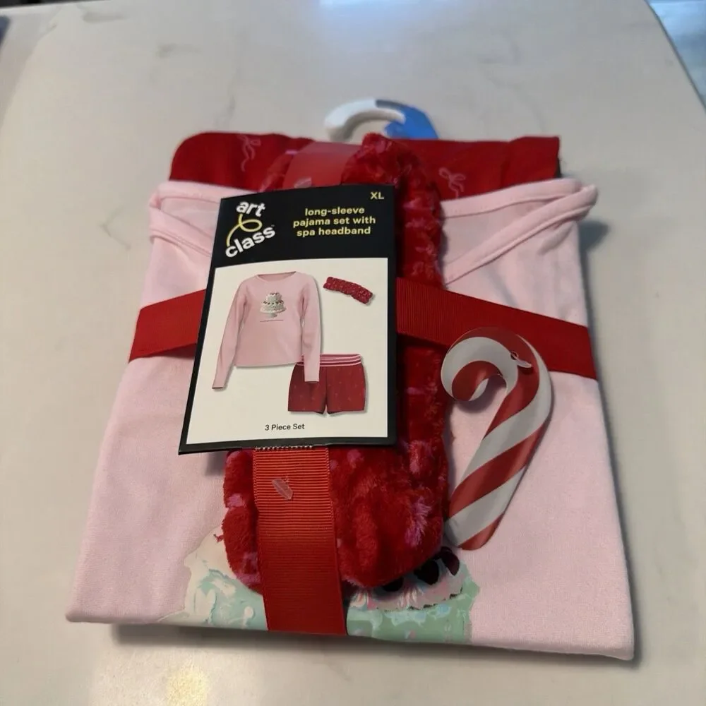 Art Class Girls XL 14-16 Pink Long Sleeve Pajama Set Spa Headband 3 Pc NWT